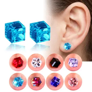 Water cube magnetic crystal earrings in nine colors for non-pierced ears shown on model