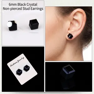 6mm square black crystal magnetic earrings for non-pierced ears in various views