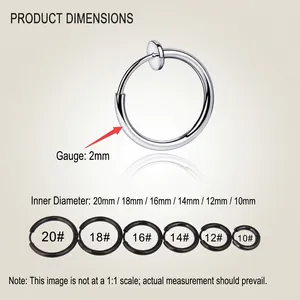 Size guide for clip-on hoop earrings showing diameters from 10mm to 20mm in stainless steel