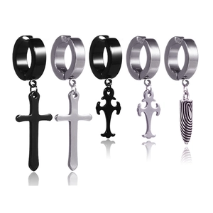 Five-piece stainless steel non-piercing cross and bullet clip-on earrings set in black and silver