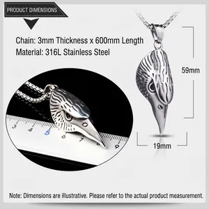 Size chart showing dimensions for the 316L titanium steel eagle pendant necklace