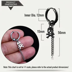 Detailed size specifications for punk skull earrings with long metal chain tassels