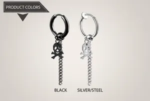 Detailed view of long tassel hoop earrings with skull charms in black and silver steel