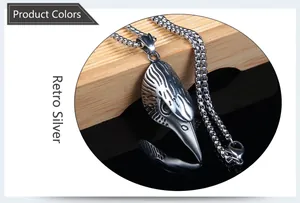 Detail view of hip hop eagle pendant necklace in vintage silver finish and bead chain