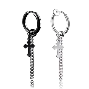 Boucles d'Oreilles Créoles en Acier Inoxydable avec Croix et Longue Chaîne Hommes Femmes Punk Gothique Hip Hop Bijoux