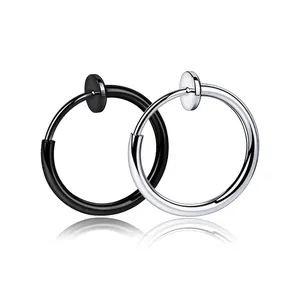 Minimalist stainless steel spring clip earrings in silver and black finishes
