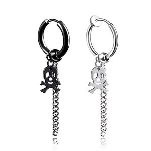 Stainless Steel Punk Skull Pendant Long Chain Tassel Hoop Earrings Non Pierced Ear Clips For Men Women Gothic Jewelry