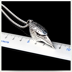 Detailed view of raven skull pendant measuring 4cm on a stainless steel chain