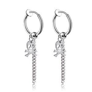 Silver stainless steel punk hoop earrings with skull pendants and long chain tassels