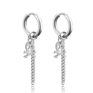 Silver stainless steel hoop earrings featuring punk skull pendants and long tassel chains