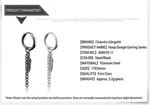 Vue détaillée des boucles d'oreilles à franges en titane avec pendentifs plumes