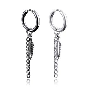 Boucles d'Oreilles Créoles Punk en Acier Inoxydable Gland de Plume Avec Chaîne Streetwear Neutre Vintage pour Hommes Femmes
