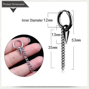 Boucles d'oreilles créoles noires punk en acier titane avec pointe et chaîne
