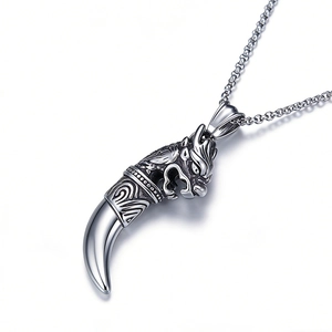 Pendentif dent de loup en acier inoxydable vintage pour hommes avec détails de totem tribal