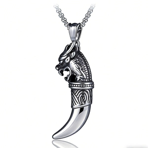 Collier rétro en acier inoxydable avec pendentif tête de dragon et dent de loup pour homme