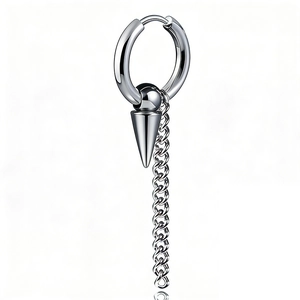 Boucle d'oreille en acier inoxydable avec pendentif cône et longue chaîne à pompon