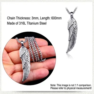 Hip hop stainless steel wing pendant necklace with size details and 316L titanium steel finish