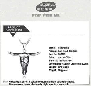 Detailed specs for retro stainless steel bull skull pendant necklace in silver finish