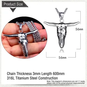 Retro stainless steel bull skull pendant necklace with 3mm chain for punk rock style