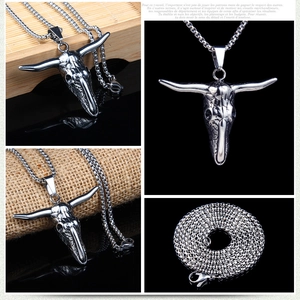 Vintage stainless steel bull skull pendant necklace with intricate antique texture details