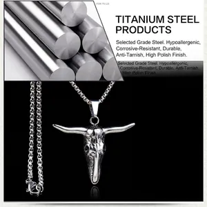 Detailed view of titanium steel bull skull pendant showing anti-allergic material quality