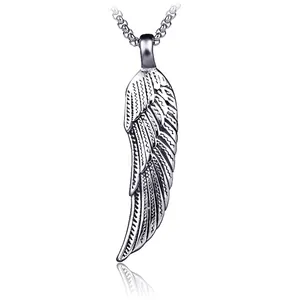 Vintage Hip Hop Wing Pendant Necklace For Men Stainless Steel Antiqued Feather Hollow Out Gothic Punk Jewelry Accessory