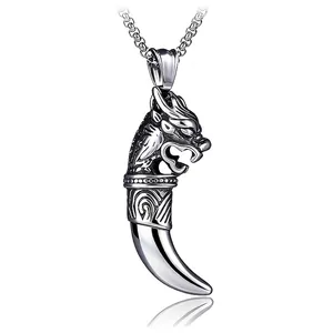 Collier Pendentif Tête de Dragon Dent de Loup en Acier Inoxydable Rétro Hip Hop Street Totem Bijoux pour Hommes Femmes