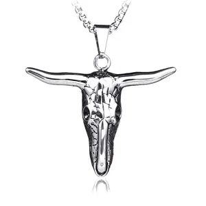 Vintage Titanium Steel Bull Skull Pendant Necklace Retro Stainless Steel Gothic Punk Hip Hop Streetwear Jewelry For Men