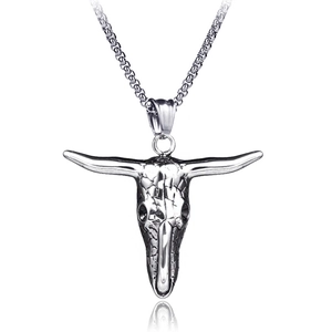 Vintage stainless steel bull skull pendant necklace with distressed silver finish for men