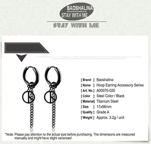 Detail view of black titanium steel chain earrings with Peace symbol and dimensions