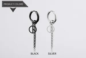 Detail view of steel and black peace sign earrings with tassel chain drop style