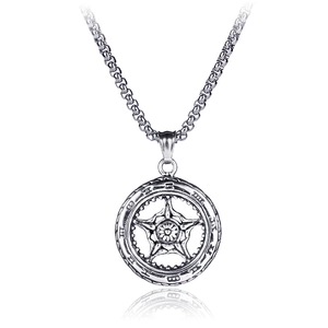 Collier rétro en acier inoxydable avec pendentif pentagramme circulaire poli argent