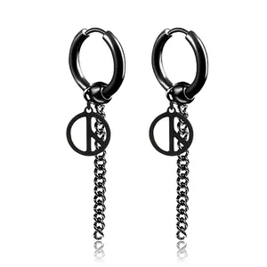 Stainless Steel Peace Sign Tassel Chain Drop Earrings Punk Hip Hop Hoop Clip On Earring Long Dangle Jewelry For Unisex