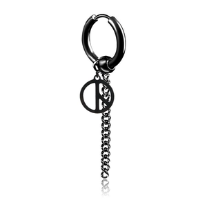 Black stainless steel hoop earring with peace sign charm and tassel chain on white background