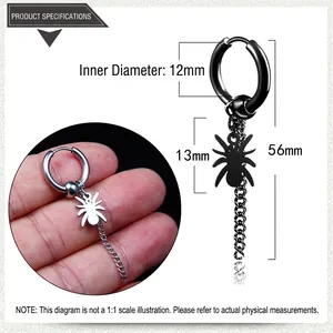 Detail view of spider pendant earring dimensions with inner diameter and chain length specs
