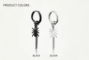 Detail of spider pendant hoop earrings with tassel chains in black and steel silver