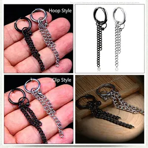 Boucles d'oreilles longues à pampilles noires et argentées avec options hoop et clip