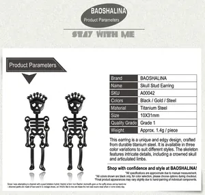Detailed view of punk skull skeleton earring with crown in black titanium steel