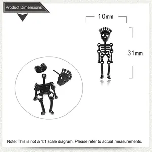 Gothic black skull stud earrings with crown design and heart eyes, size 31mm by 10mm