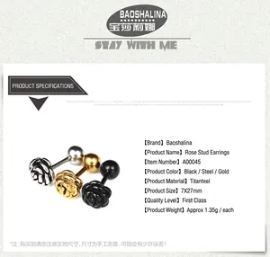 Detailed specs of titanium steel rose stud earrings in black, gold, and silver finishes