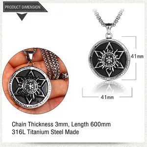 Collier pendentif étoile hexagone et soleil en acier inoxydable avec chaîne de 3mm