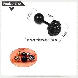 Sizing chart for titanium steel rose screw earrings in black, gold, and silver finishes