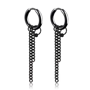 Boucles d'Oreilles Créoles Punk en Acier Inoxydable Avec Double Chaîne Longue et Pendentif Perle Pour Hommes Femmes Bijoux