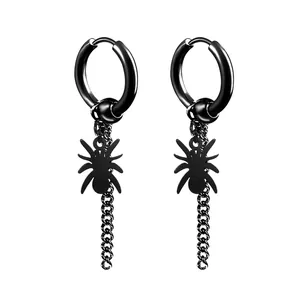 Punk Gothic Stainless Steel Spider Tassel Chain Earrings For Men Women Dark Street Style Hip Hop Long Dangle Earrings