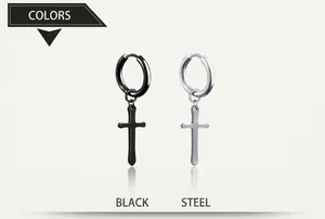 Détails des boucles d'oreilles créoles en acier et noir avec pendentifs grande croix