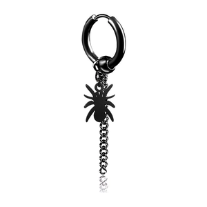 Black stainless steel punk spider pendant earring with chain and hoop on white background