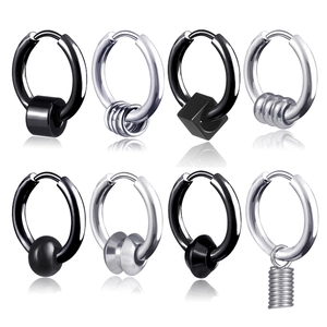 Lot de 8 boucles d'oreilles créoles hip-hop en acier inoxydable noir et argent