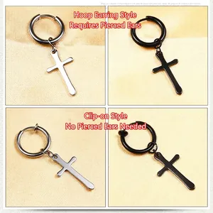 Boucles d'oreilles croix en argent et noir, modèles à clip et créoles disponibles
