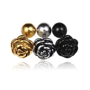 Titanium Steel Rose Stud Earrings Hypoallergenic 3D Flower Screw Back Ballbell Earrings For Women Daily Dating Jewelry