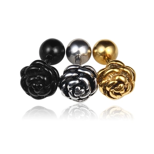 Three-piece rose shape titanium steel screw earrings set in black, silver, and gold colors